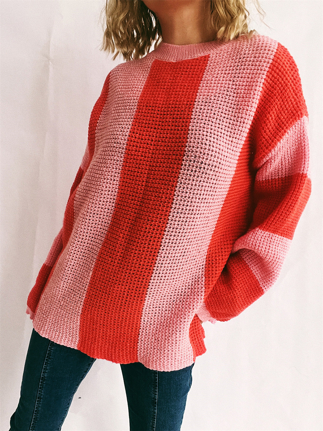 Color Block Round Neck Long Sleeve Sweater