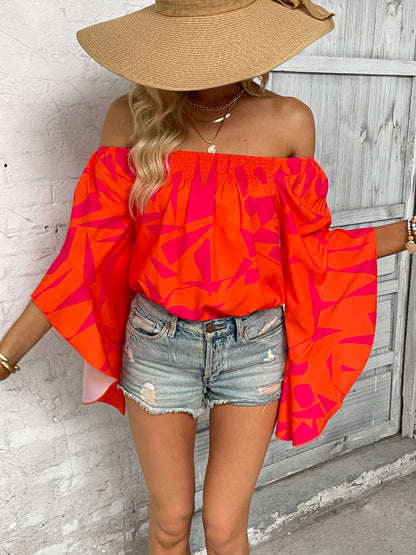 Printed Off-Shoulder Bell Sleeve Blouse Orange