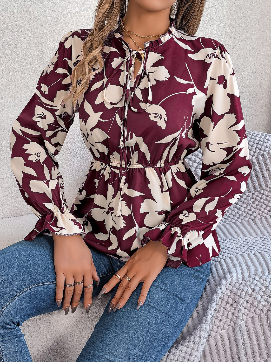 Printed Tie Neck Flounce Sleeve Blouse Burgundy