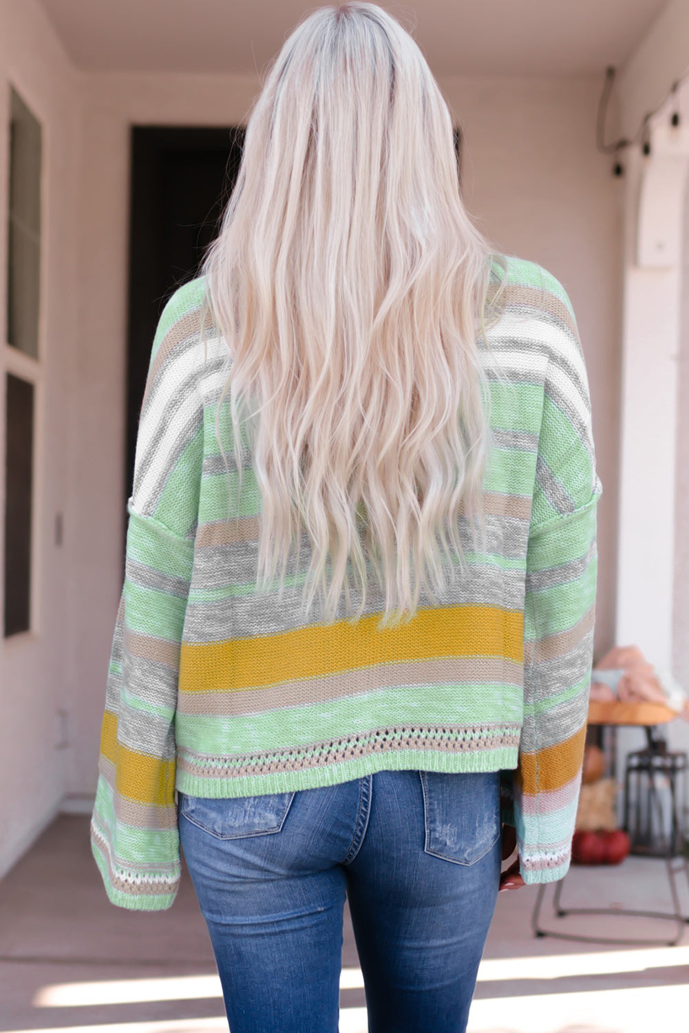 Striped Dropped Shoulder Flare Sleeve Sweater