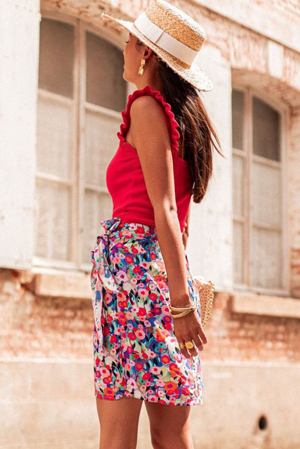 Red Floral Wrapped Lace up Mini Skirt