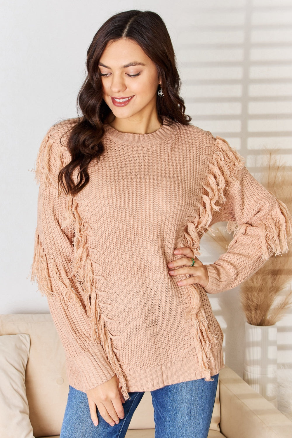 And The Why Tassel Detail Long Sleeve Sweater DUSTY PINK