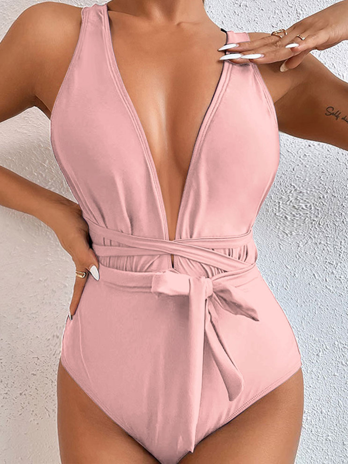 Tied Crisscross Wide Strap One-Piece Swimwear Blush Pink