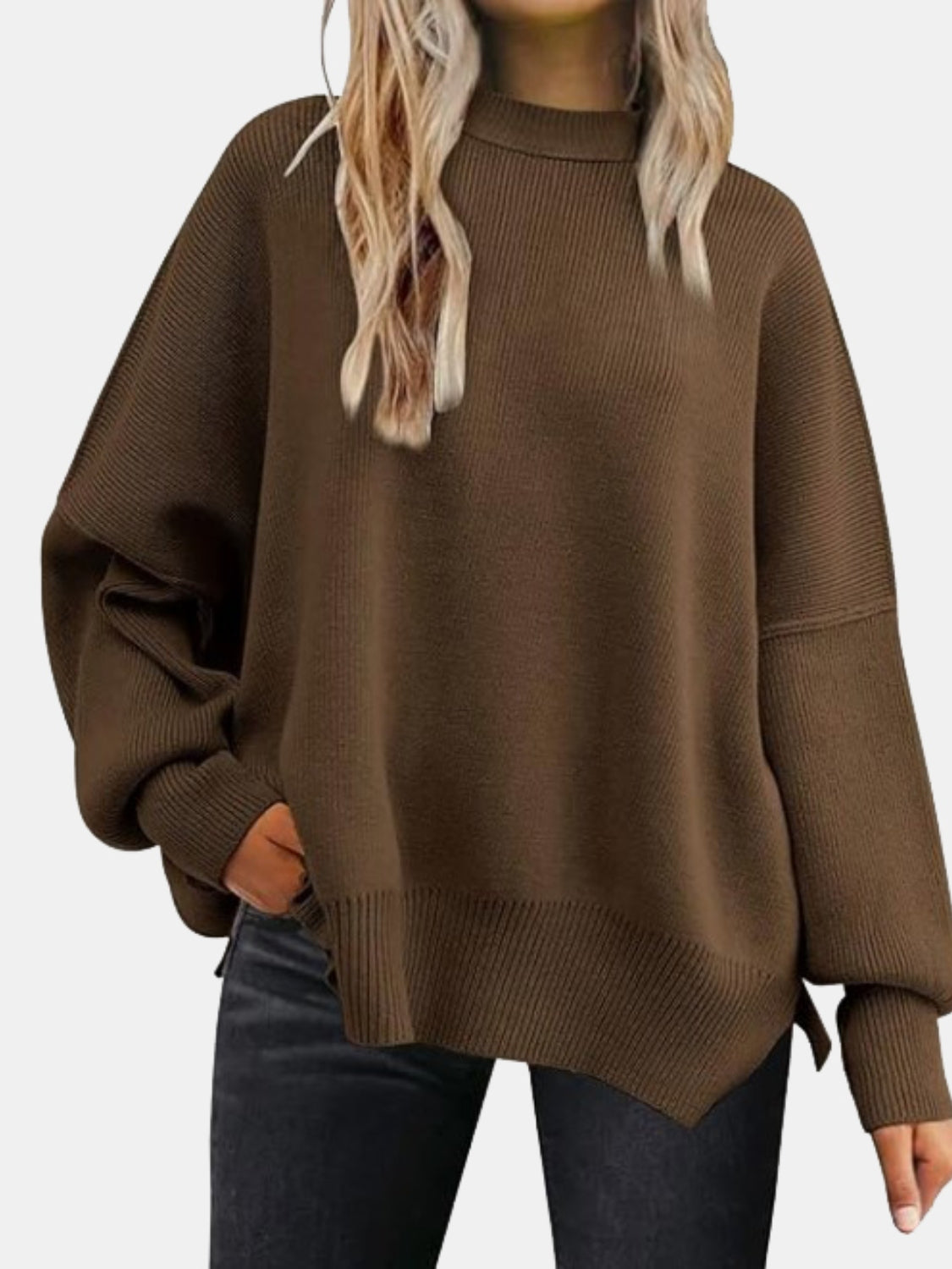 Round Neck Drop Shoulder Slit Sweater Chocolate