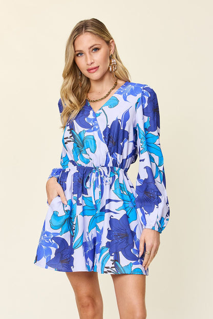 Double Take Full Size Floral Long Sleeve Romper with Pockets Blue