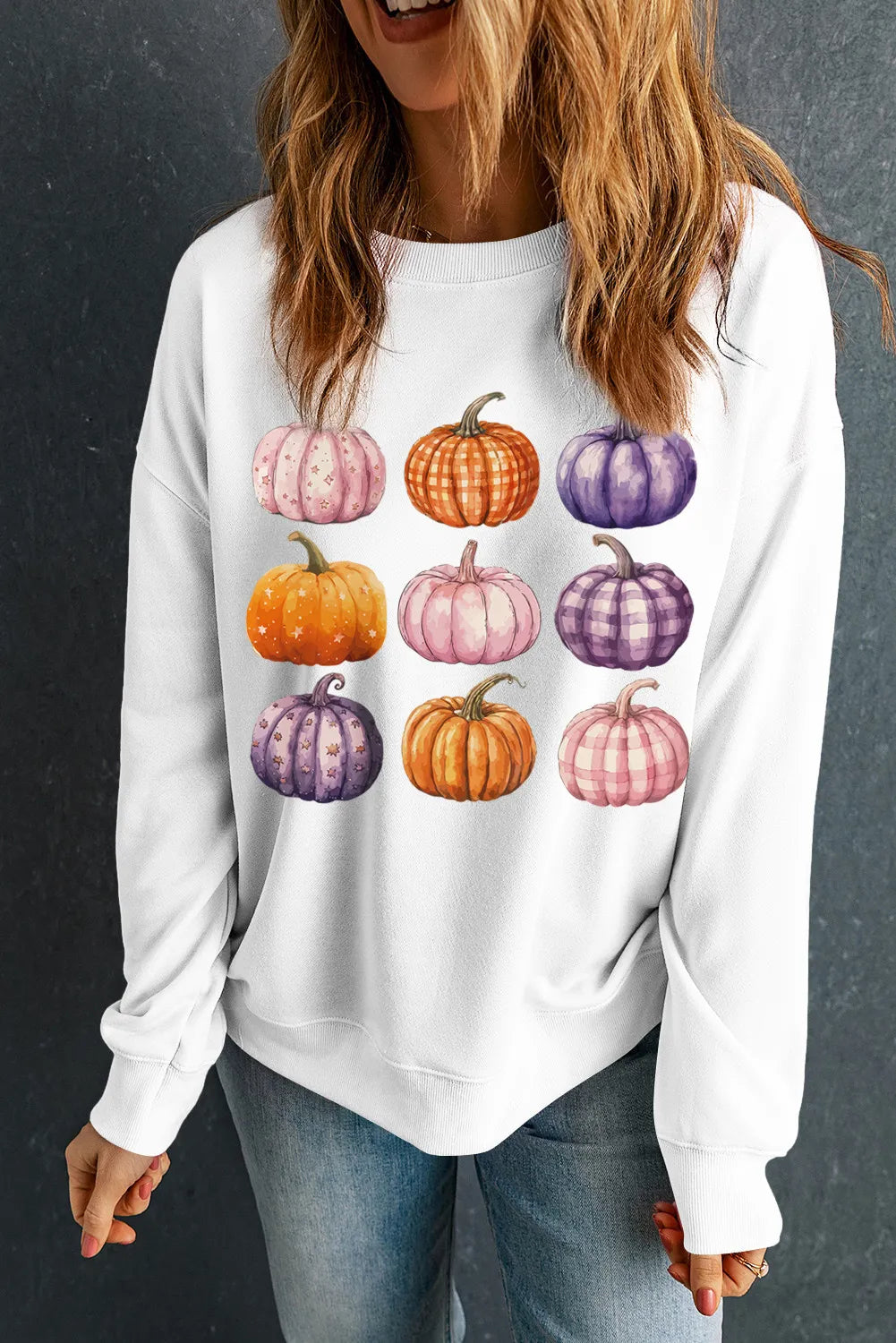 Pumpkin Graphic Long Sleeve Sweatshirt White