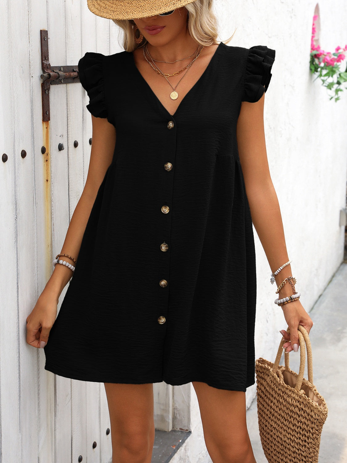Button Up V-Neck Cap Sleeve Mini Dress Black