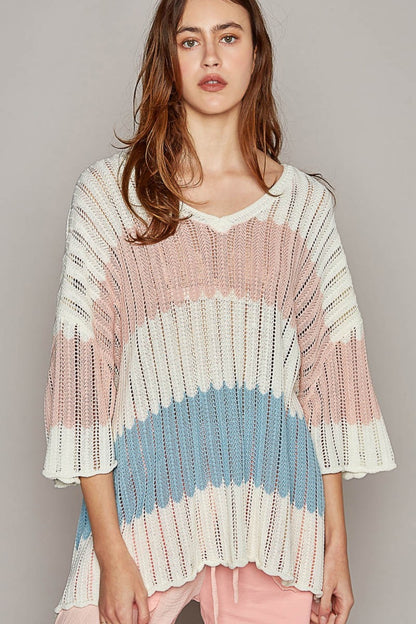 POL V-Neck Short Sleeve Stripe Weave Sweater Ivory Multi