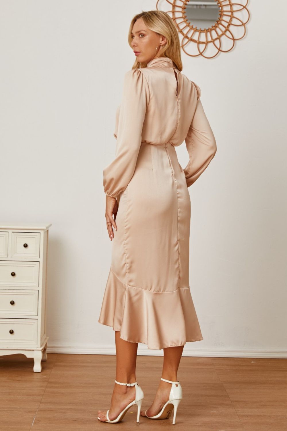 Mock Neck Ruffled Asymmetrical Dress