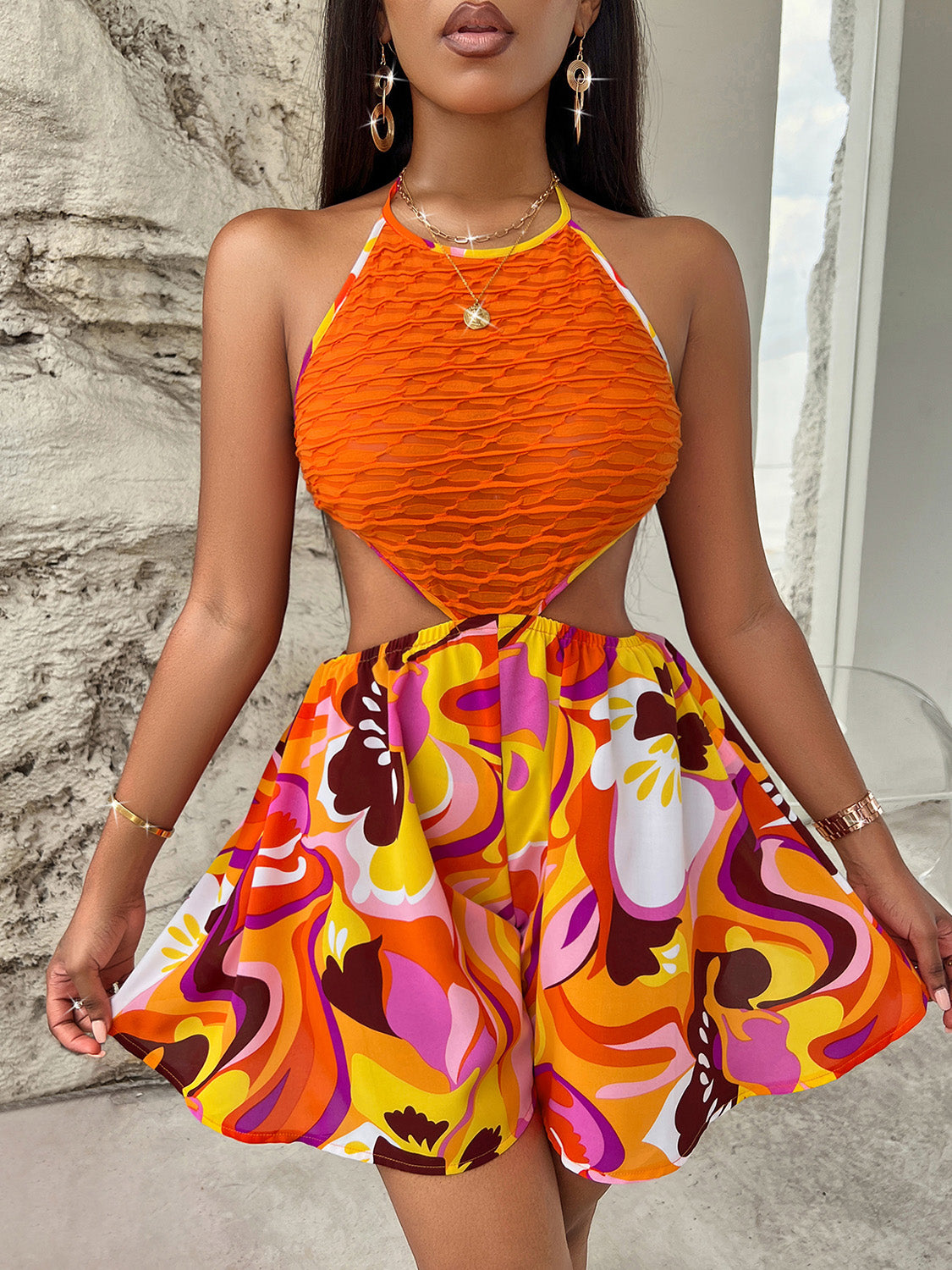 Sleeveless Cutout Printed Mini Dress Orange