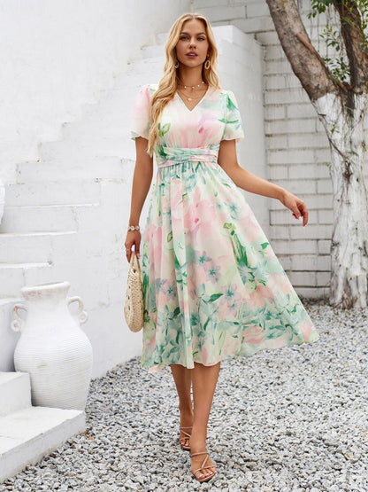 Printed V-Neck Short Sleeve Midi Dress Blush Pink