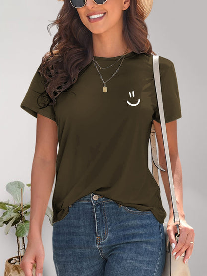 Smile Graphic Round Neck Short Sleeve T-Shirt Army Green