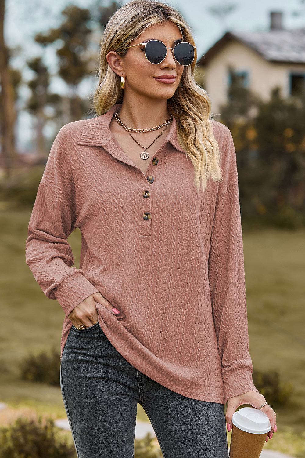 Half Button Dropped Shoulder Blouse Dusty Pink