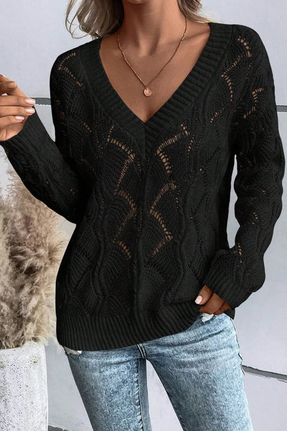 Openwork V-Neck Long Sleeve Sweater Black