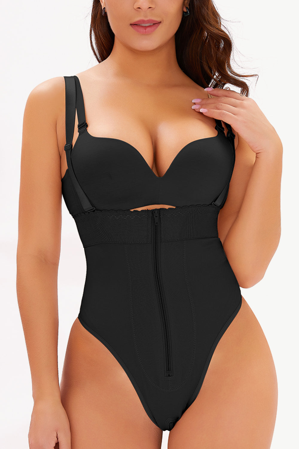 Full Size Adjustable Strap Zip-Up Shaping Bodysuit Black