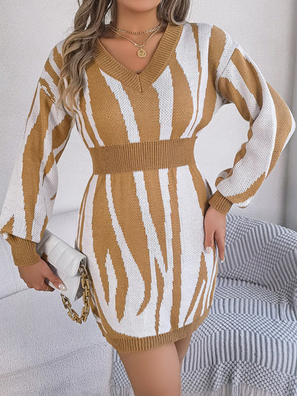 Animal Print V-Neck Long Sleeve Sweater Dress - 100% Acrylic, Moderate Stretch, Machine Washable