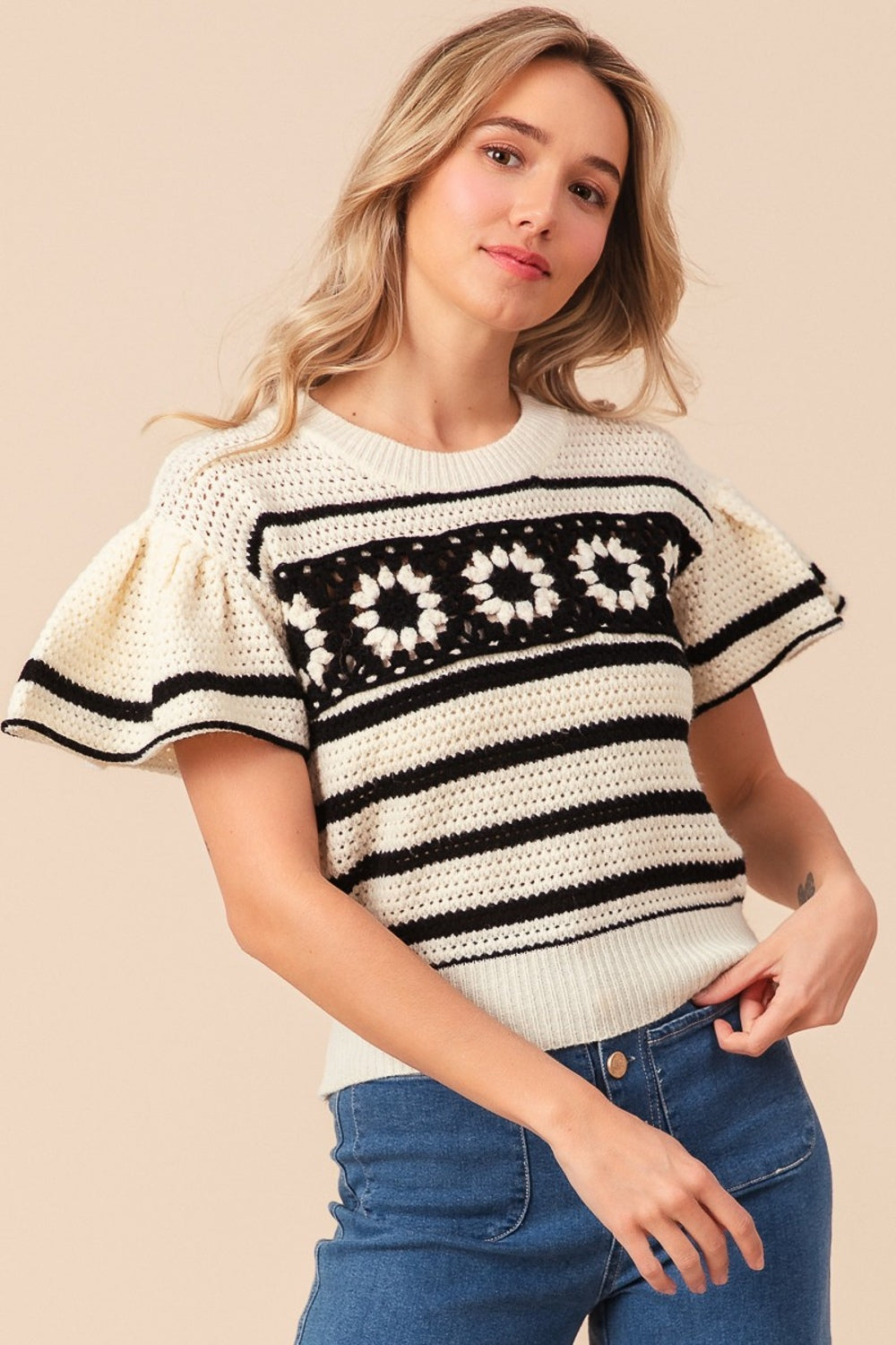 BiBi Granny Square Short Sleeve Striped Sweater Ivory Black