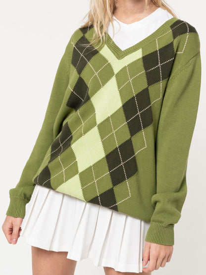 Geometric V-Neck Long Sleeve Sweater Matcha Green