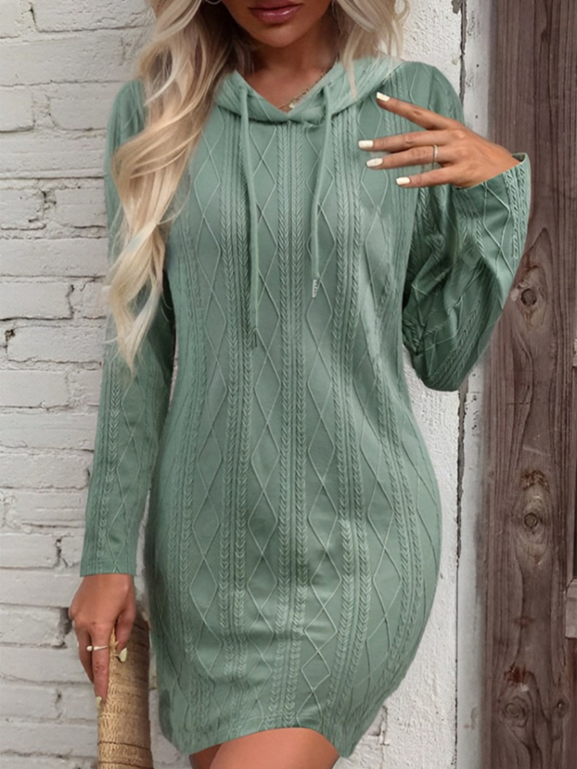 Drawstring Hooded Sweater Dress Gum Leaf