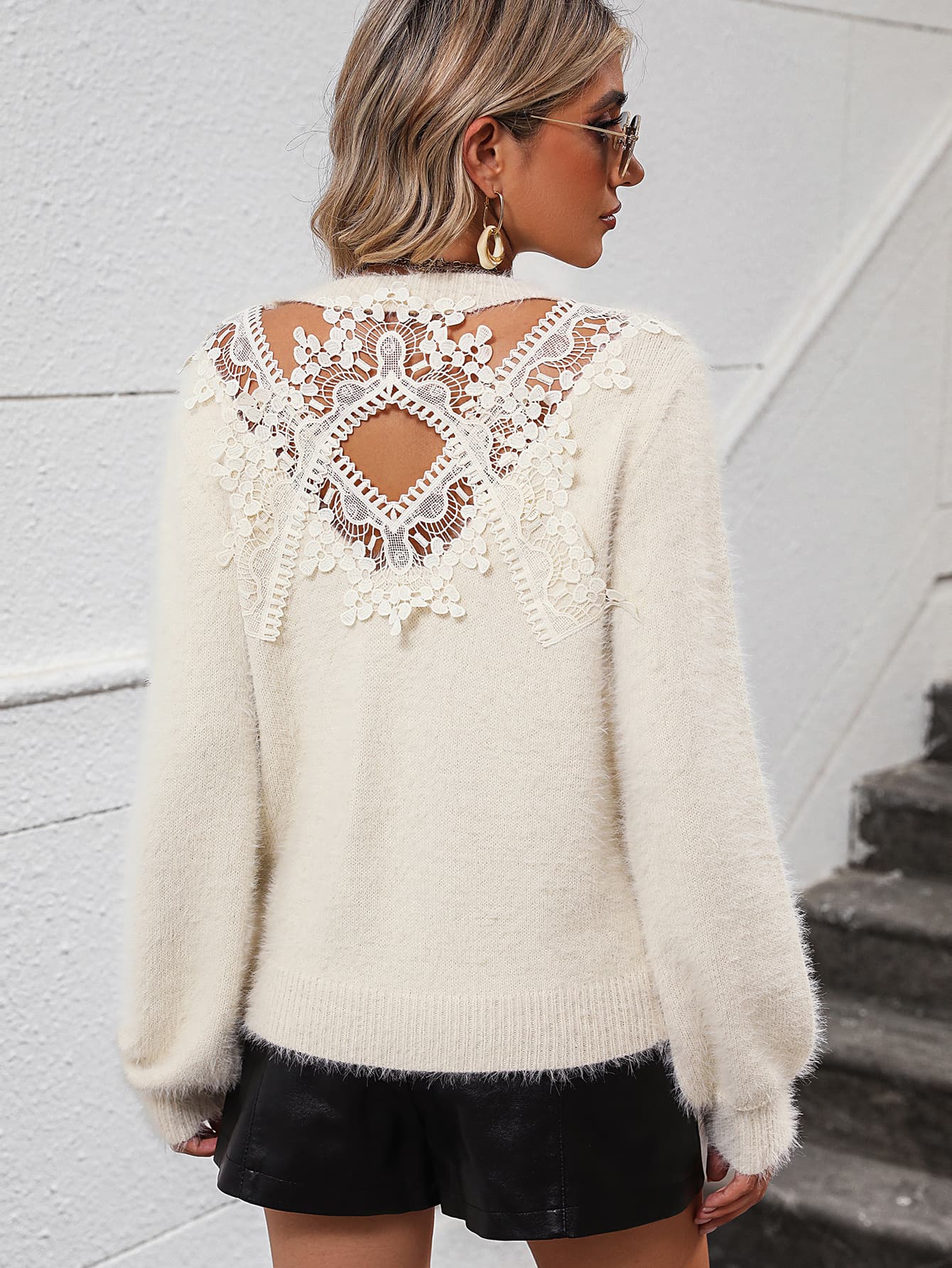 Lace Detail Cutout Long Sleeve Pullover Sweater Ivory