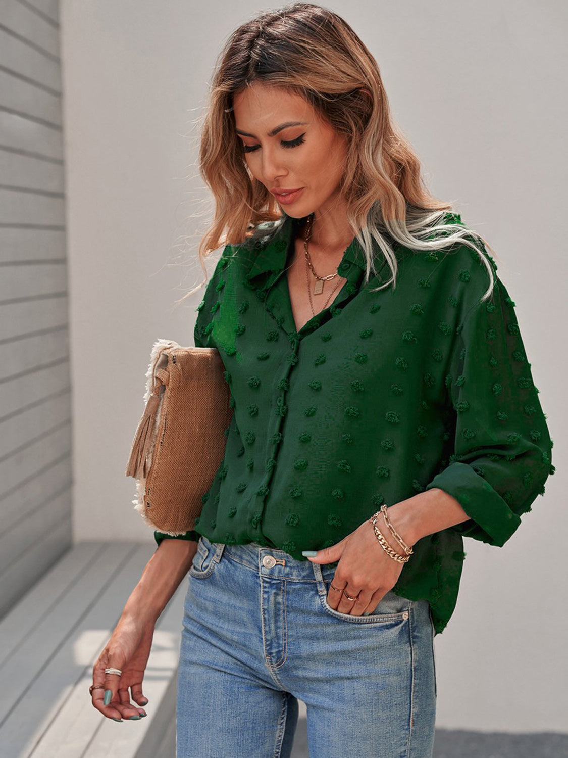 Swiss Dot Drop Shoulder Shirt Dark Green