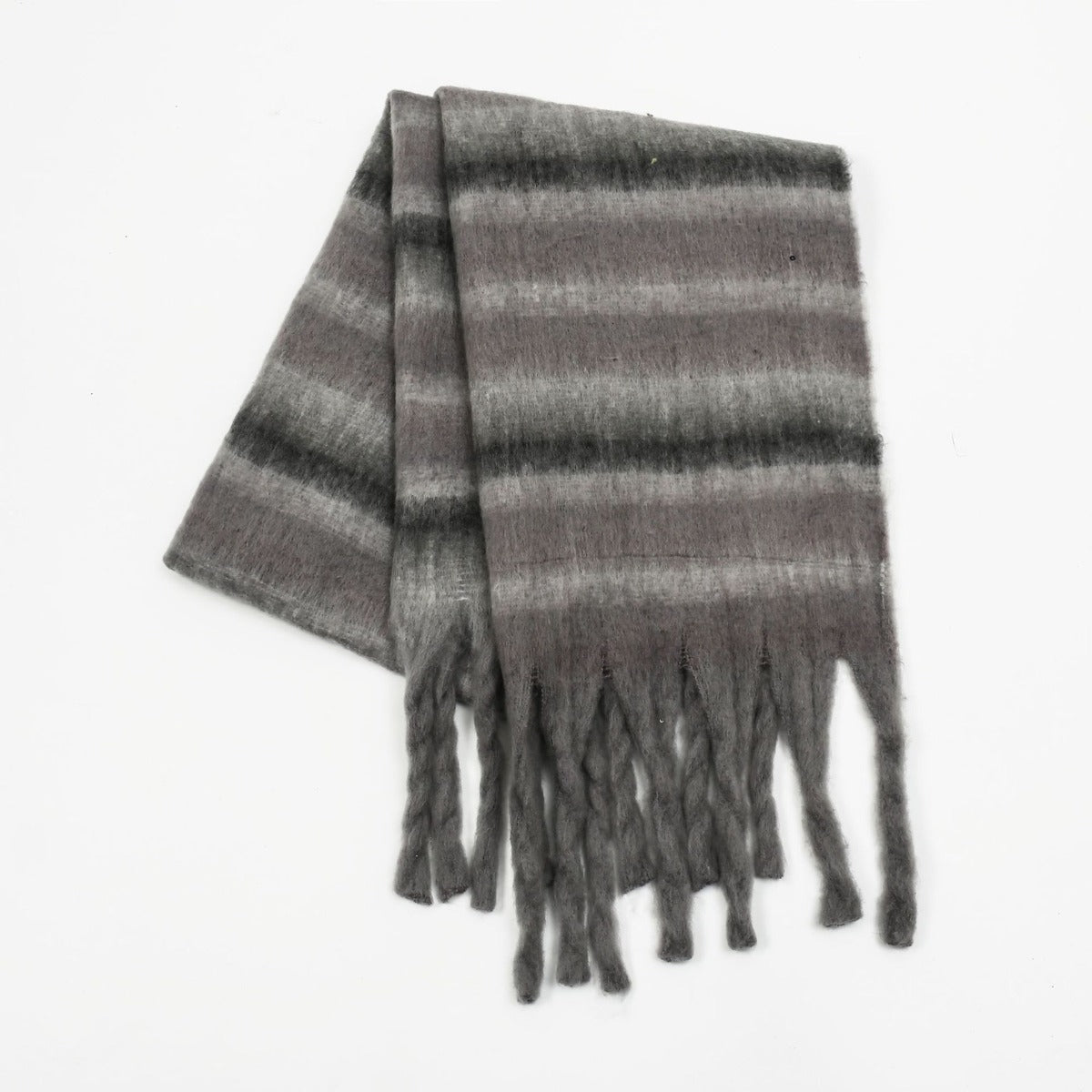 Fringe Contrast Striped Polyester Scarf Dark Gray One Size