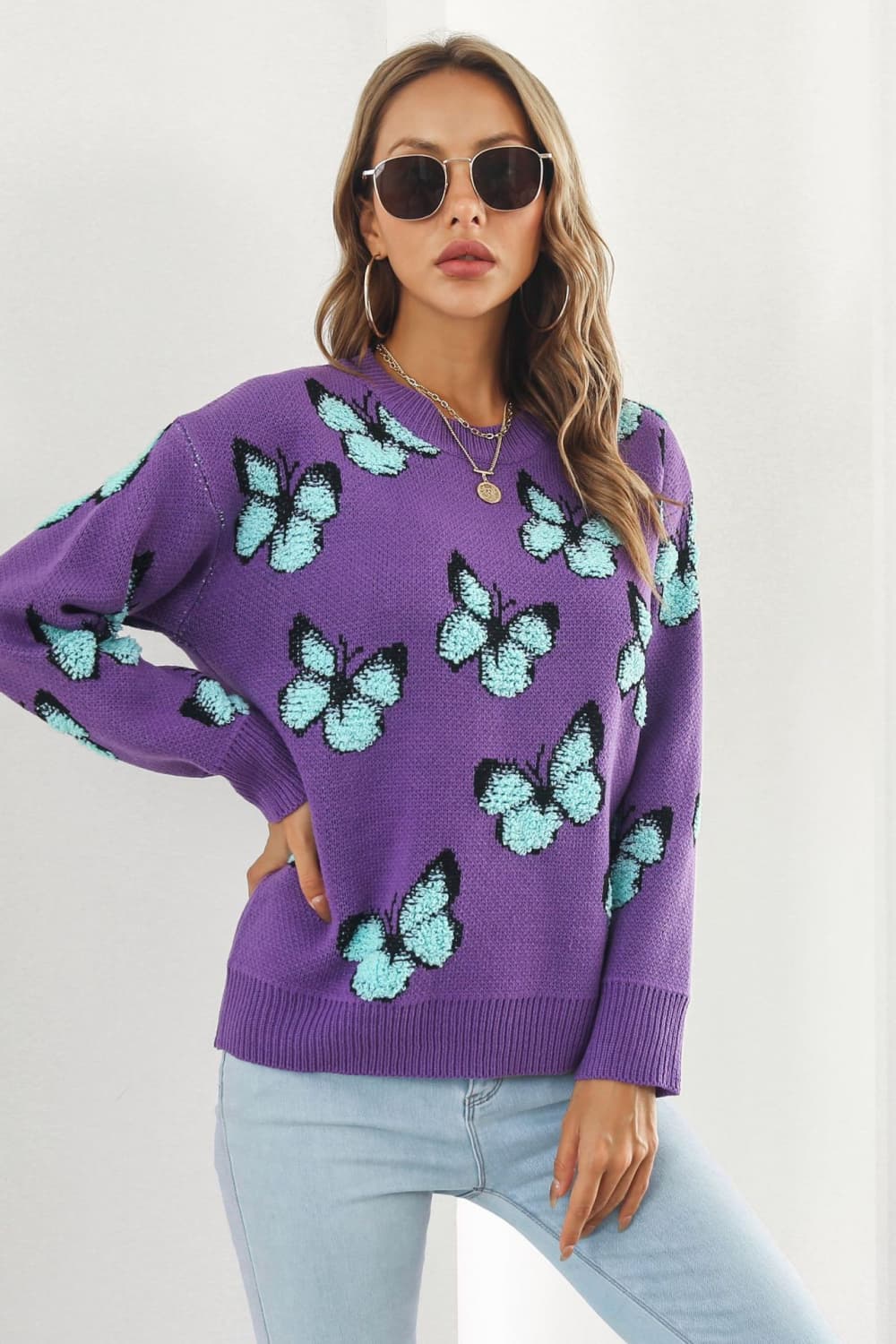 Butterfly Pattern Round Neck Dropped Shoulder Sweater