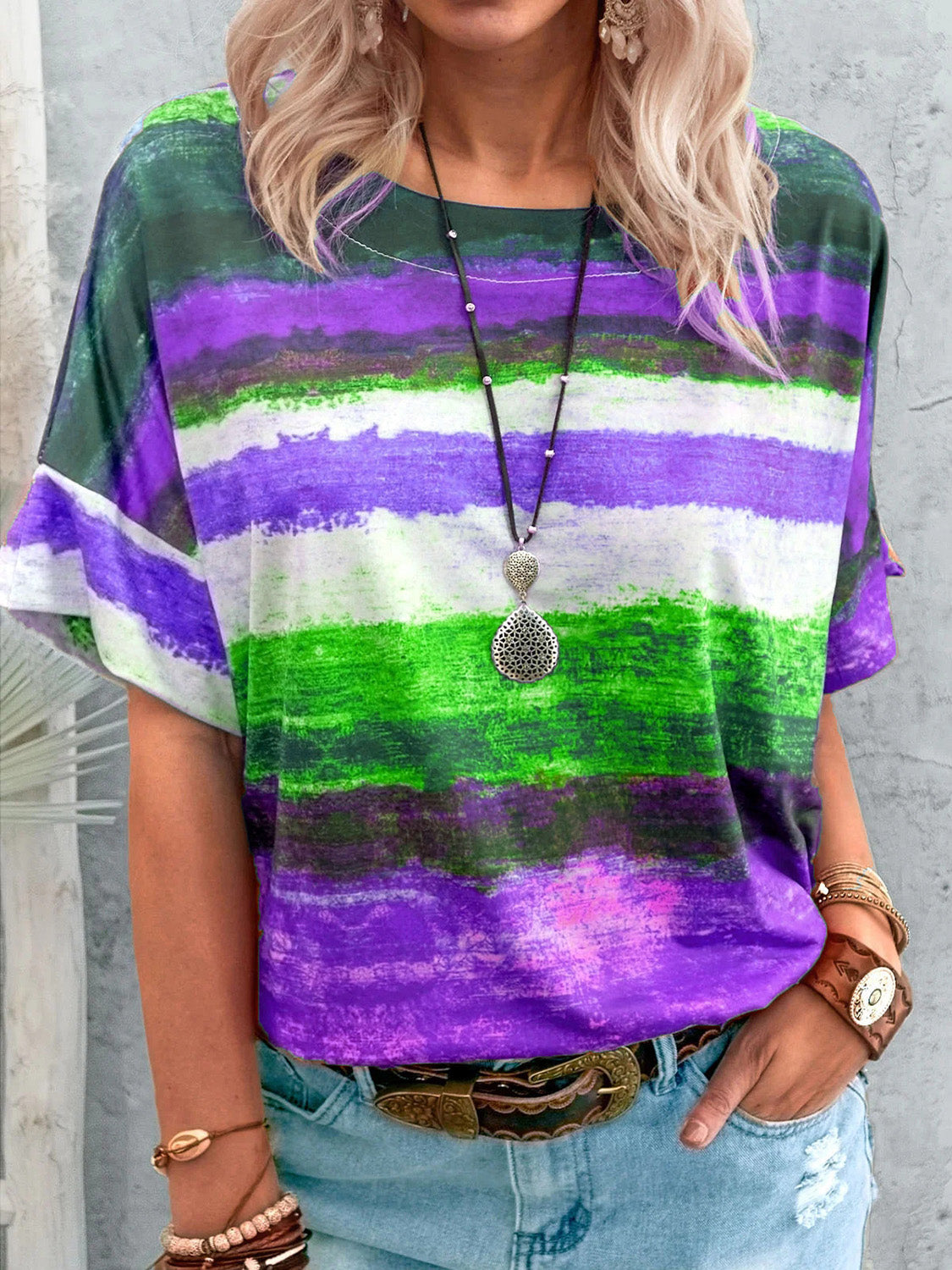 Full Size Color Block Round Neck Half Sleeve T-Shirt Purple