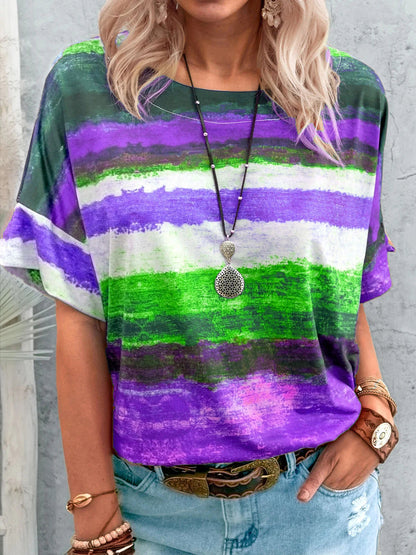 Full Size Color Block Round Neck Half Sleeve T-Shirt Purple