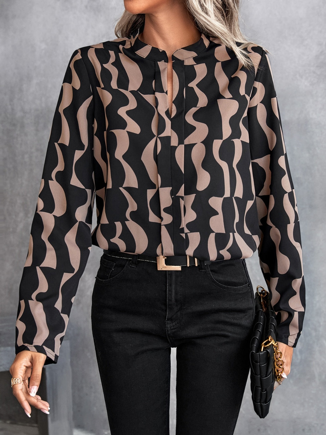 Printed Notched Long Sleeve Blouse - Thandynie