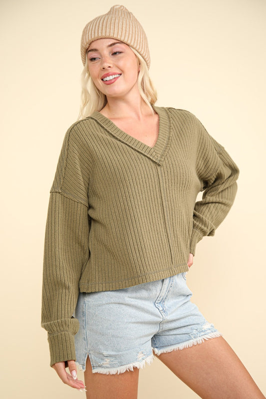 VERY J Exposed Seam V-Neck Ribbed Knit Top Olive