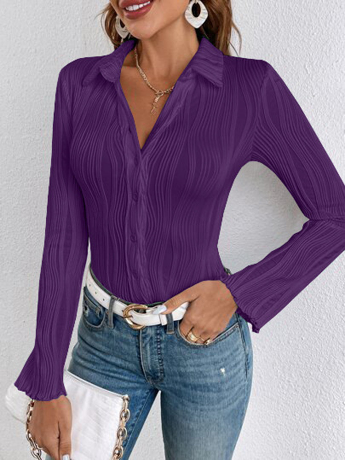 Collared Neck Long Sleeve Shirt Vivid Violet