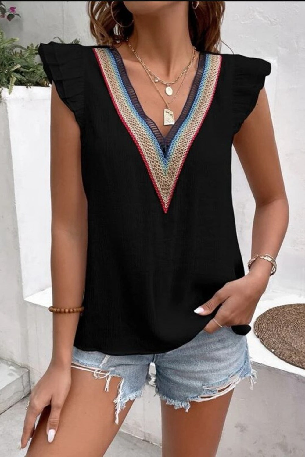 Full Size Ruffled V-Neck Cap Sleeve Blouse Black