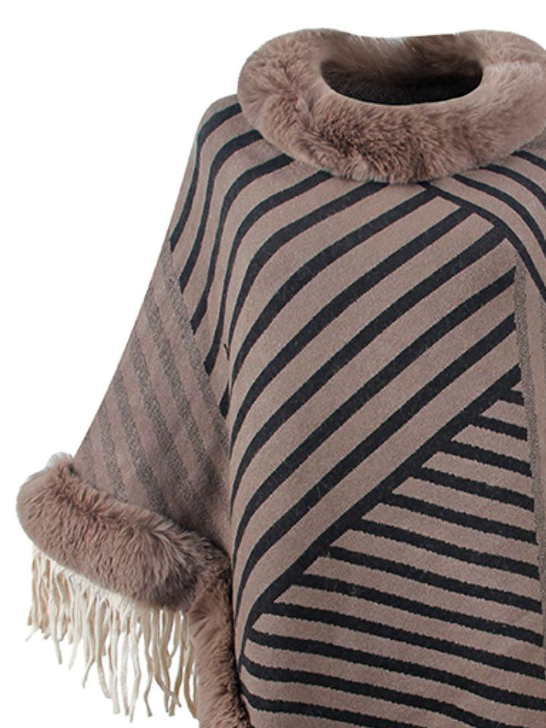 Striped Fringe Hem Poncho - Thandynie