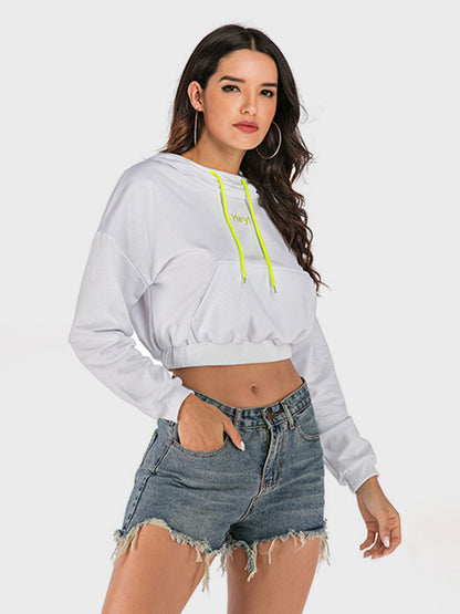 Perfee Drawstring Letter Long Sleeve Hoodie White