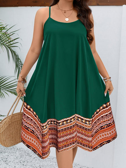 Plus Size Printed Round Neck Cami Dress Dark Green