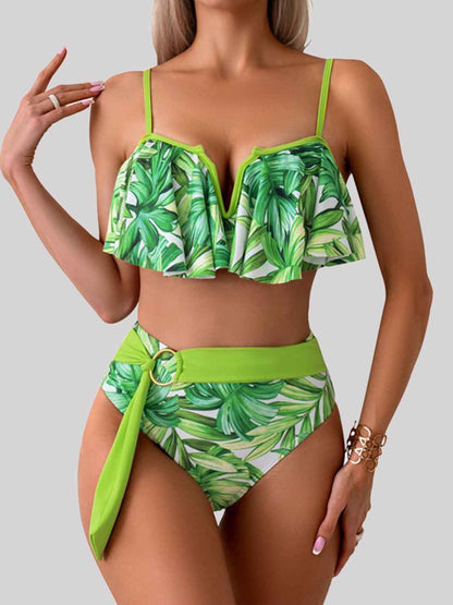 Spaghetti Strap Notched Bikini Set Light Green