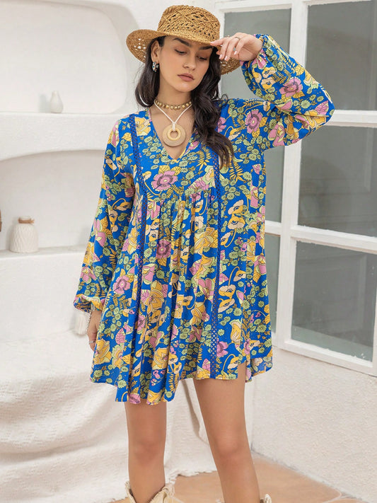 Printed V-Neck Balloon Sleeve Mini Dress Royal Blue