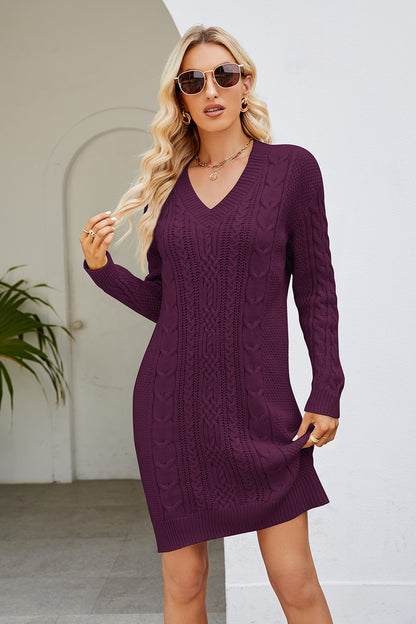 Cable-Knit Long Sleeve Sweater Dress Magenta