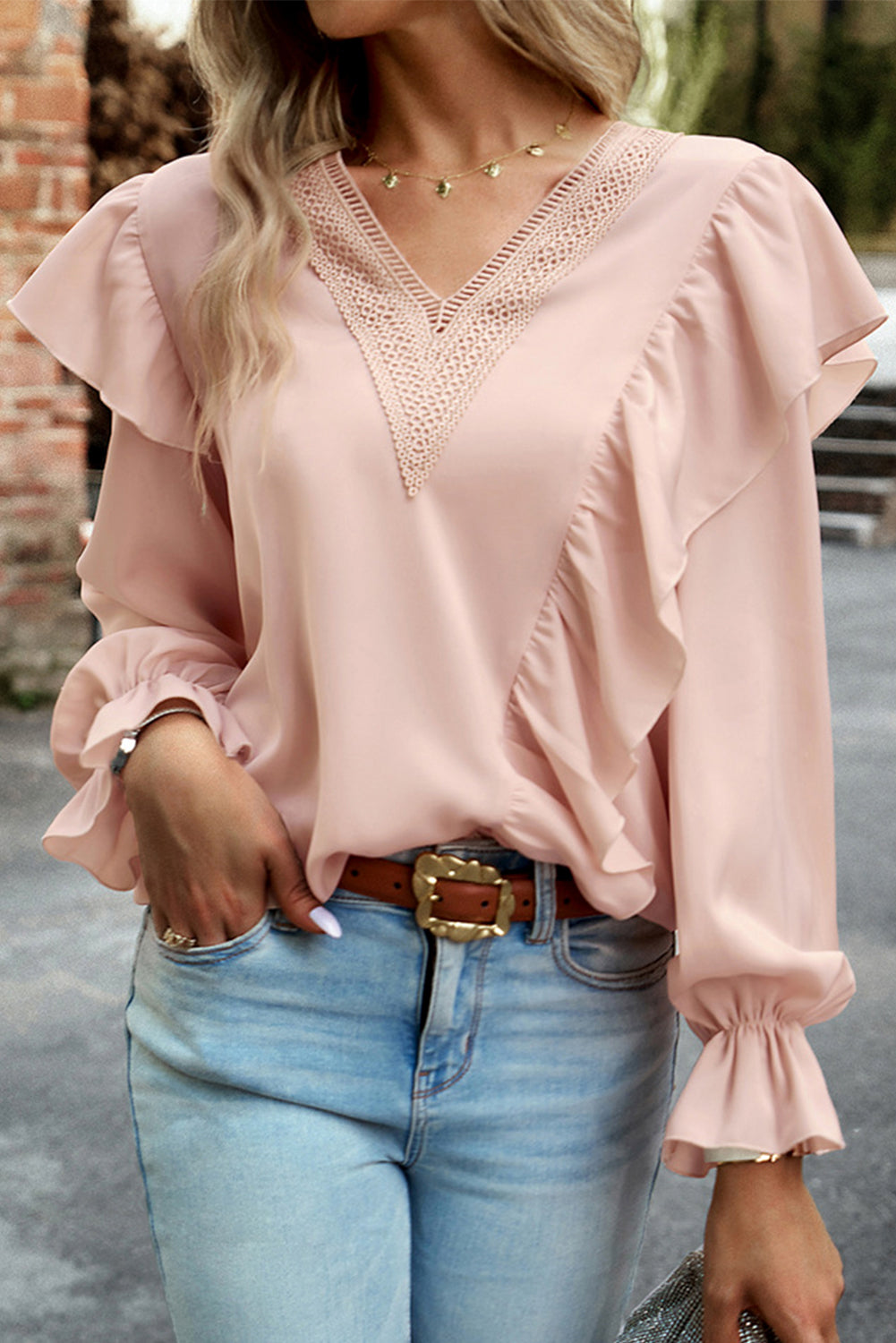 Crochet V-Neck Ruffle Trim Blouse Blush Pink