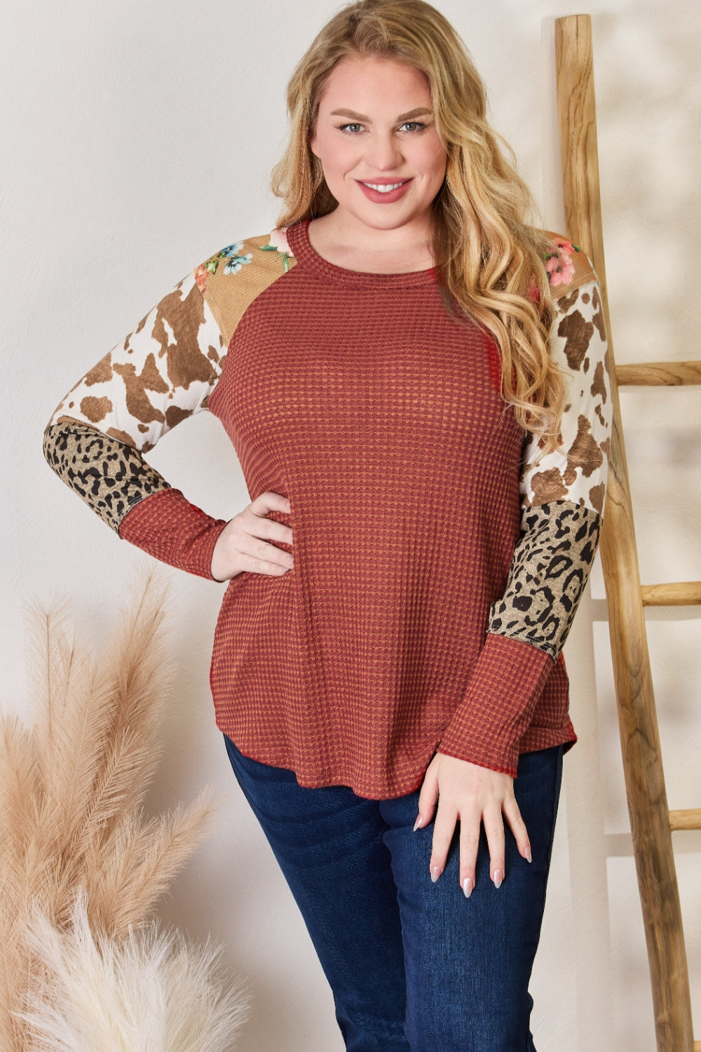 Hailey & Co Full Size Leopard Waffle-Knit Blouse RUST