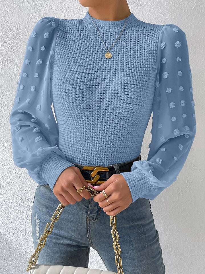 Swiss Dot Waffle-Knit Lantern Sleeve T-Shirt - Thandynie