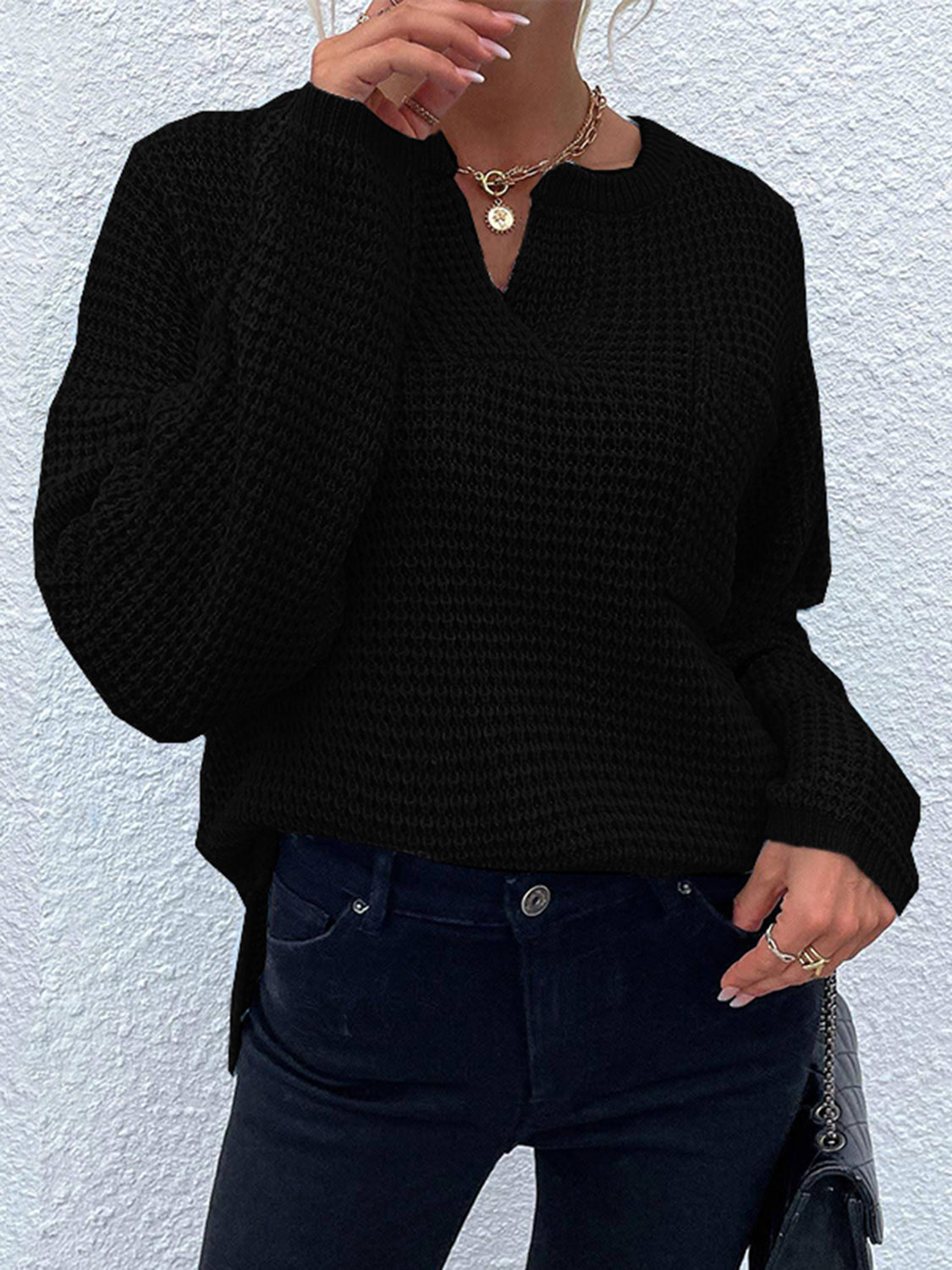 Notched Long Sleeve Sweater Black