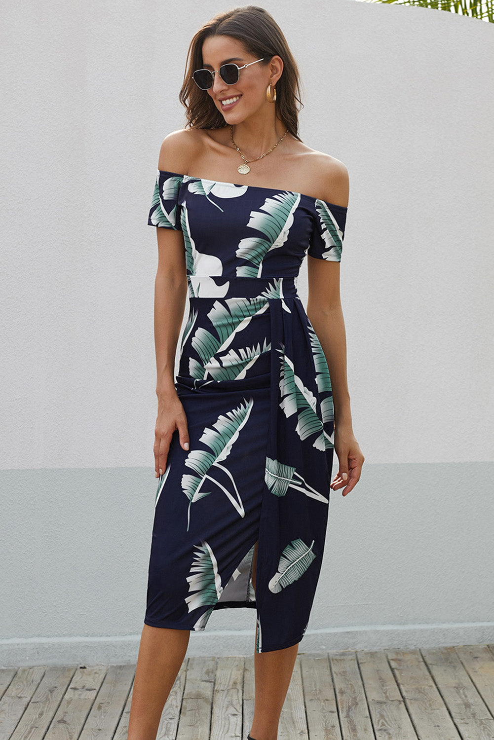 Slit Printed Off-Shoulder Midi Dress Multicolor