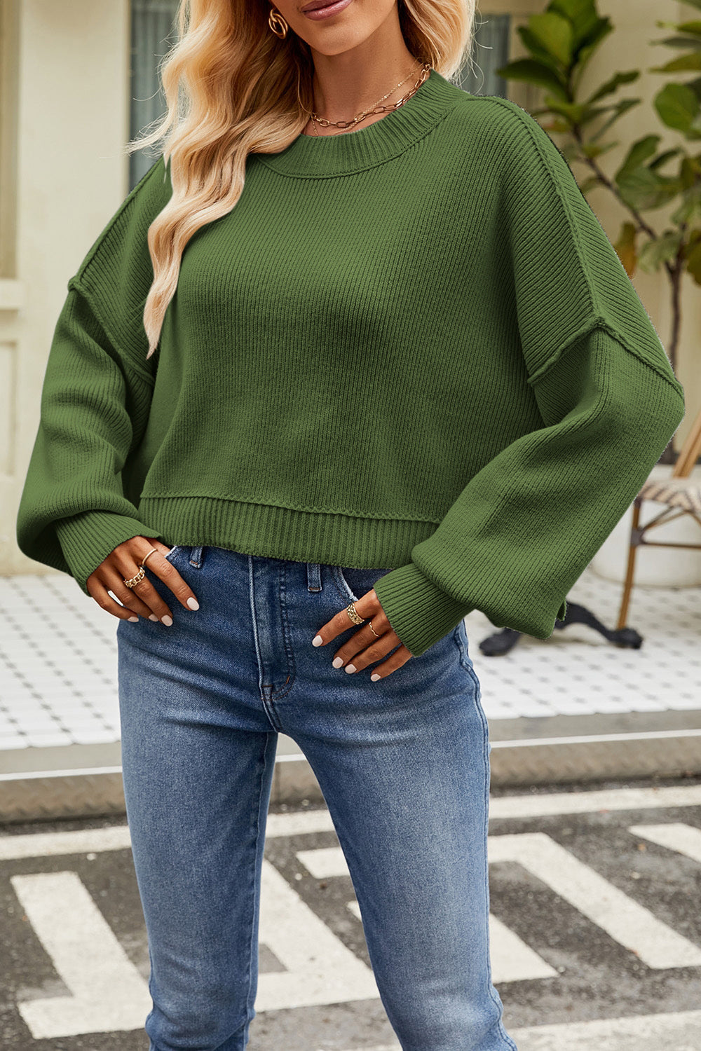 Round Neck Dropped Shoulder Sweater Dark Green