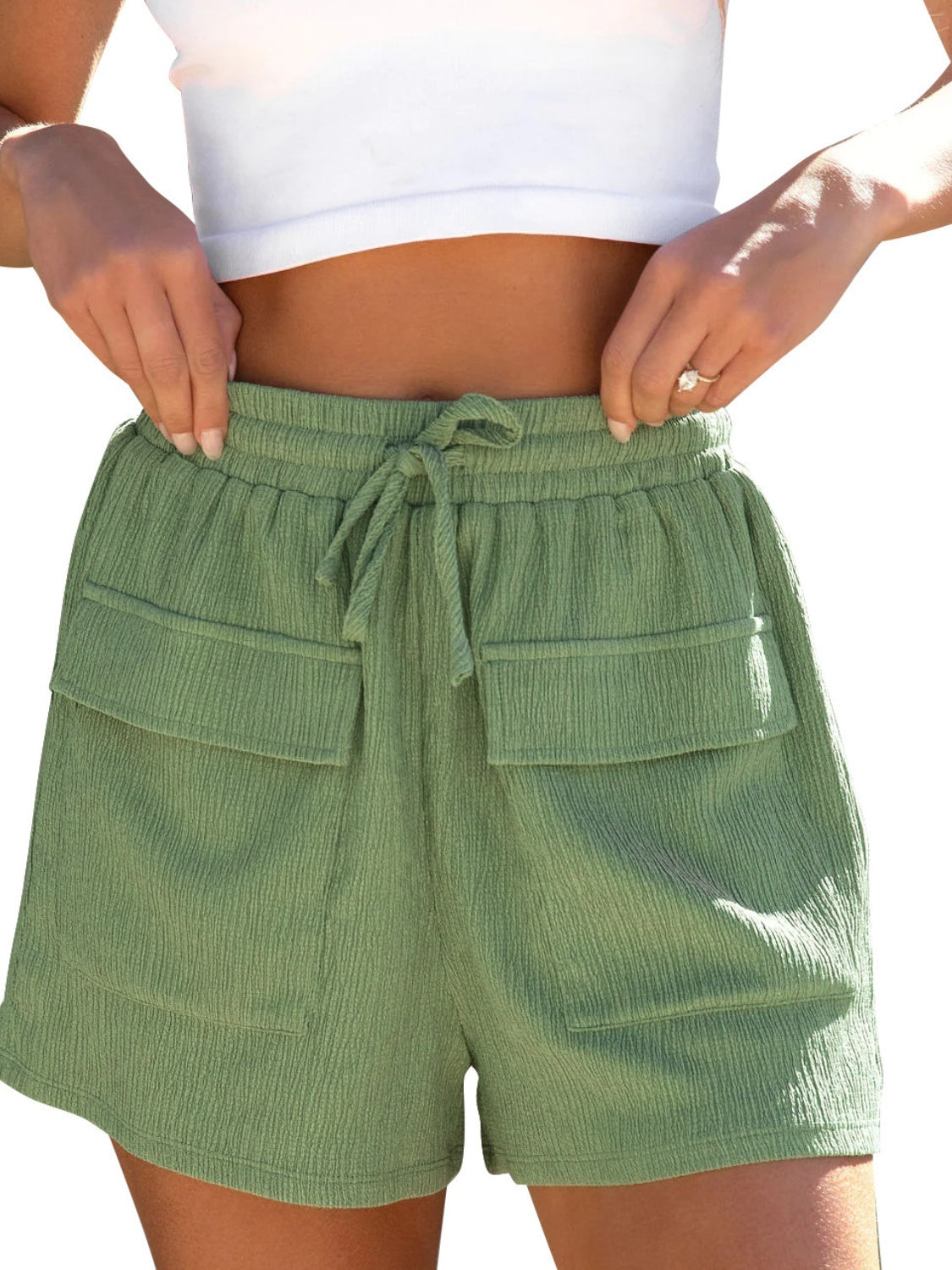 Drawstring High Waist Shorts with Pockets Matcha Green