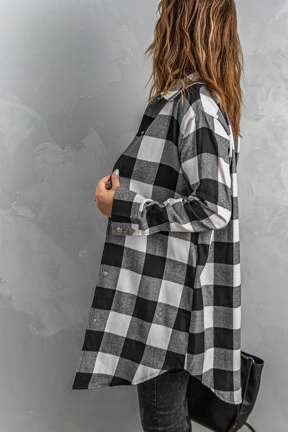 Women's Longline Plaid Shirt Coat with Turn-Down Collar | Classic British Style