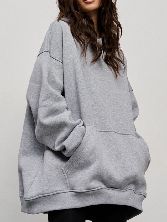 Pocketed Dropped Shoulder Long Sleeve Hoodie Gray