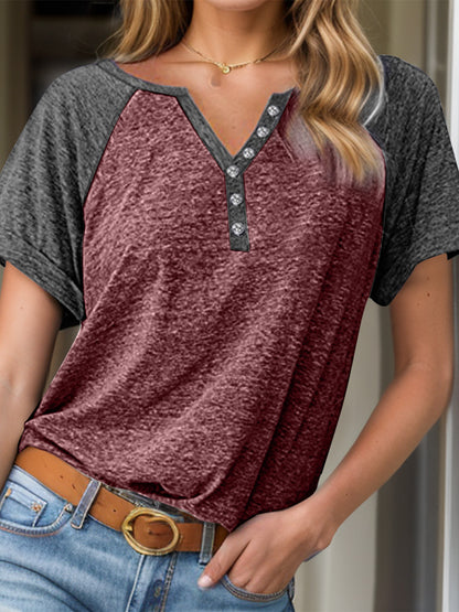 Contrast Notched Short Sleeve T-Shirt Burgundy