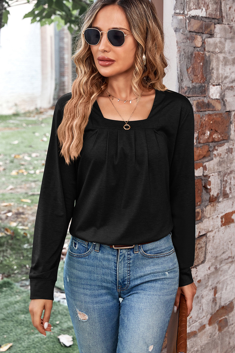 Ruched Square Neck Long Sleeve T-Shirt Black